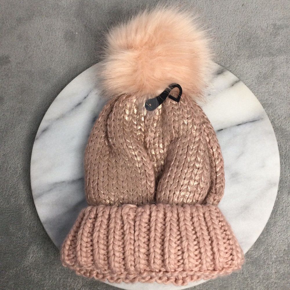 C.C Women's Faux Fur Pom Rose Shiny Metallic Finished Knit Beanie‎ Hat - Picture 2 of 5